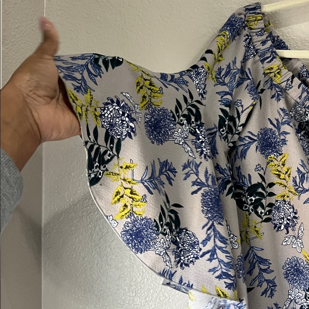 LOB Floral Gray Blue Yellow Off-Shoulder Mini Dress Sz 3 Vacay Beach TC0312 - Picture 6 of 7